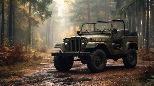 Military-style off-road jeep rendered in misty autumn forest