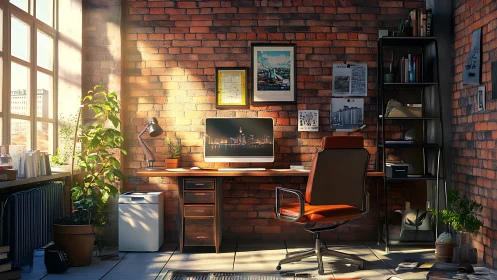 Brick wall home workspace with desk, chair and computer.