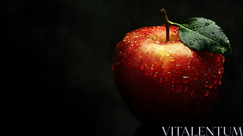 Rain-kissed crimson apple under dramatic dark spotlight.