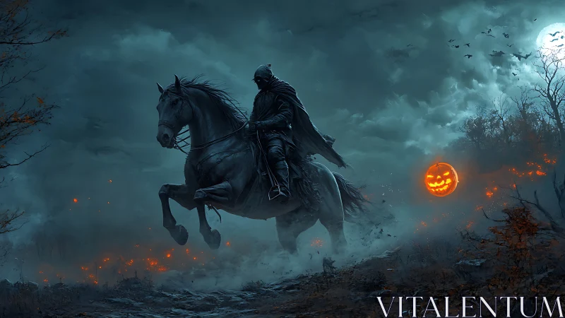 Headless rider in moonlit mist with glowing pumpkin guide.