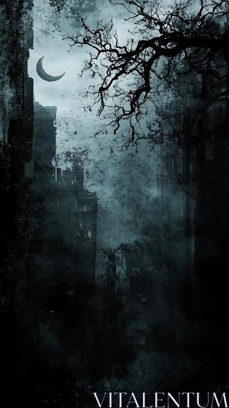 Crescent moon over decayed city in misty gothic night.