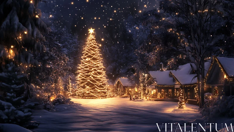 Snow-laden village plaza with luminous spiral Christmas tree.