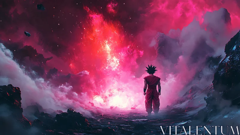 Lone warrior confronts a cosmic crimson storm of raw power.