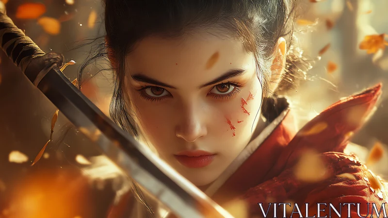 Cinematic close-up of resolute samurai girl with drawn katana