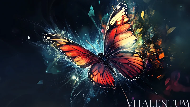 Digital butterfly rendering is shown with luminous abstract trails