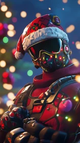 Armored cyber-soldier in Santa gear with emissive visor shading