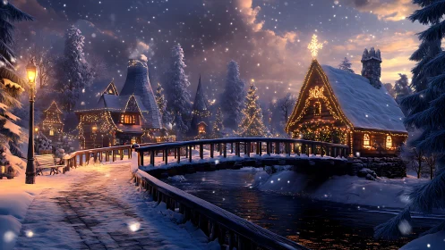 Snowy village bridge crosses river between lit holiday cabins
