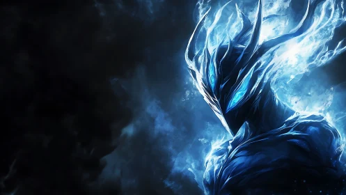 Luminescent blue humanoid figure emerges from dark void