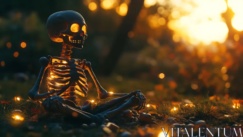 Glowbones meditates at golden-hour graveyard, softly smiling.