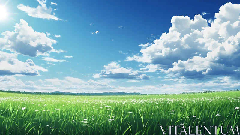 Sunlit green meadow under deep blue cloud filled sky.