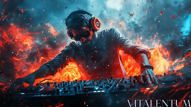 Fiery DJ mixes glowing beats in a storm of color and sound