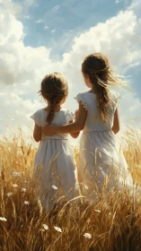 Two girls in white dresses standing in golden wheat field.