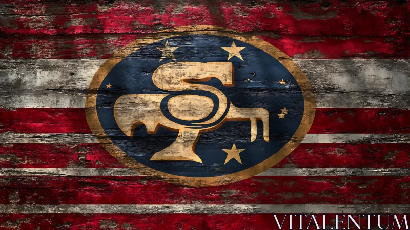 Weathered patriotic emblem on rustic wooden planks.