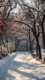 Low-angle winter park path captures luminous backlit snow