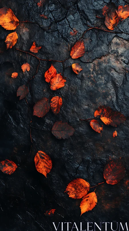 Fiery autumn leaves lie quietly on dark, textured stone