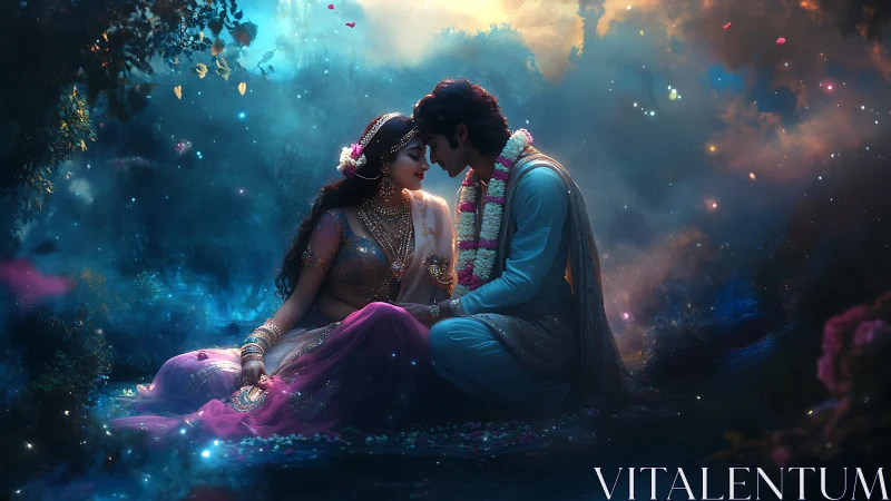 Couple in formal attire positioned in luminescent forest setting.