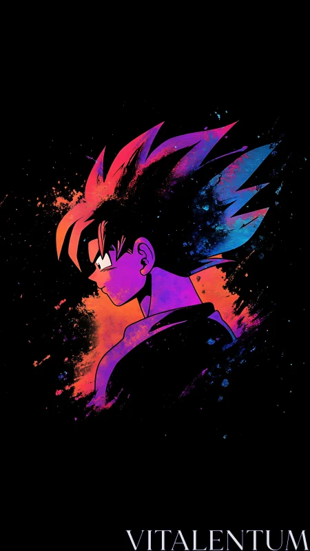 Neon anime warrior profile in splattered duotone palette.