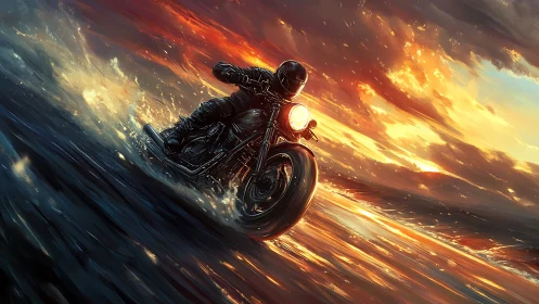 Motorcycle tears through stormlit water under blazing sky.