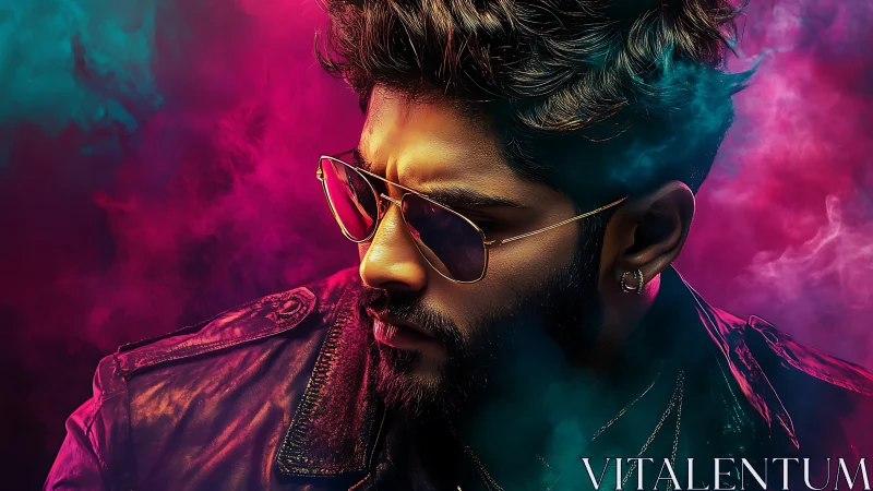 Chromatic portrait with neon vapor diffusion and specular glare.