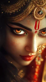 Divine gaze in ornate golden headdress and glowing red adornment.