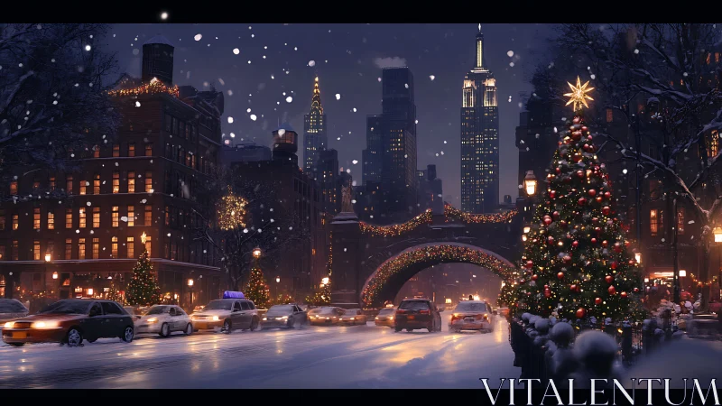 Snowy city street glowing with cozy holiday lights at dusk.