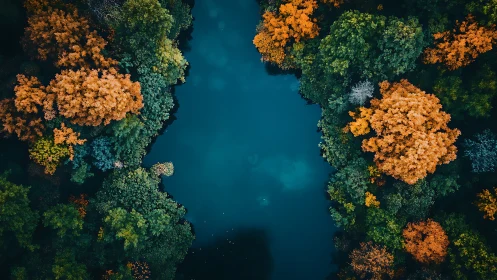 Tranquil lake surrounded by autumn forest, aerial drone photography.