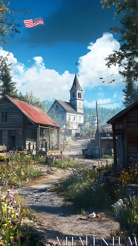 Rural church lane unfolds under bright summer sky and flag