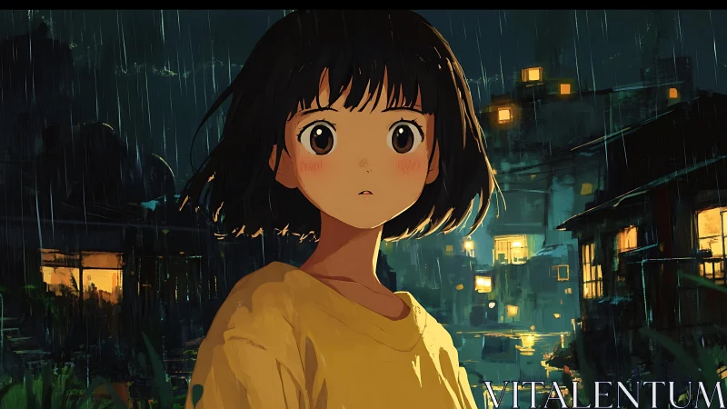 Young girl in yellow under rainy neon-lit night sky.