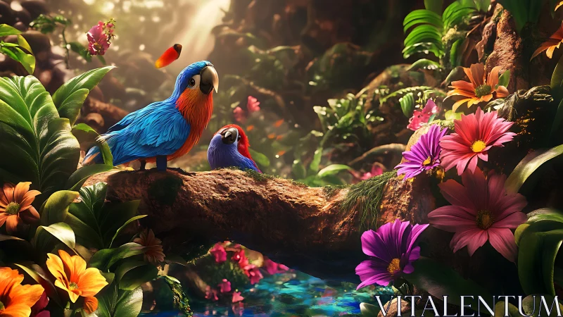 Colorful parrots rest above luminous jungle flowers.
