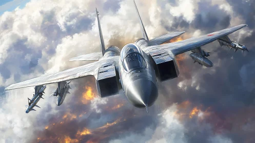 Modern jet fighter advancing through dense storm clouds.