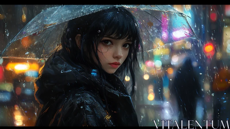 Nocturnal city portrait under rain-soaked transparent umbrella.