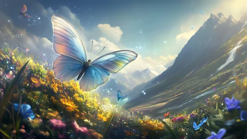 Majestic Butterfly in Vibrant Fantasy Meadow Landscape Digital Art.