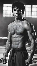 Monochrome portrait of muscular male martial artist standing.