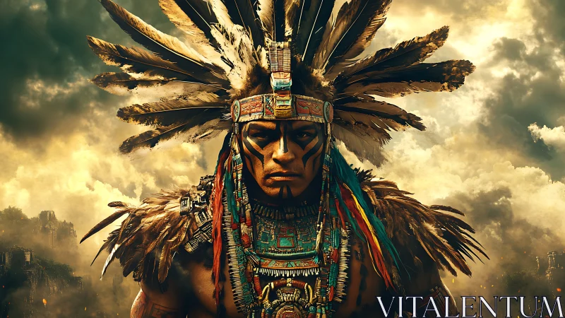 Warrior portrait in ornate feathered headdress, storm sky.