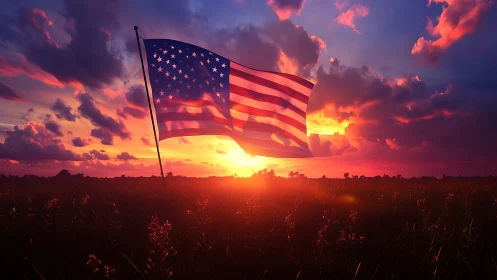 American flag waves boldly against a blazing sunset sky.