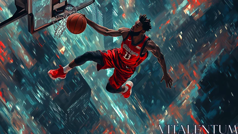 Skyline slam dunk comet streaking through neon night court.