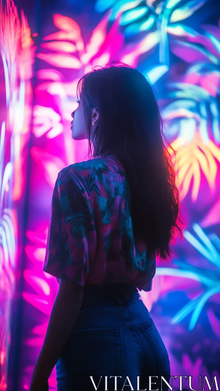 Neon jungle dreams wrap a lone wanderer in liquid color