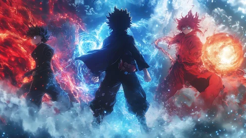 Three anime warriors control fire and water in battle stance.