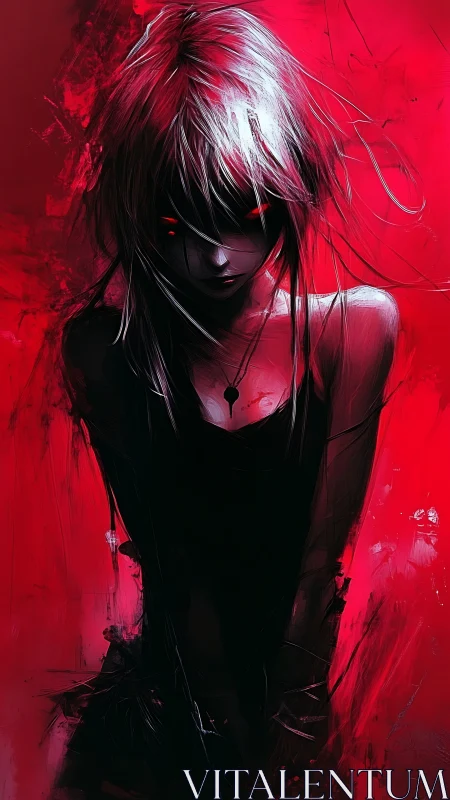 Crimson-eyed shadow girl dissolved in electric scarlet storm.