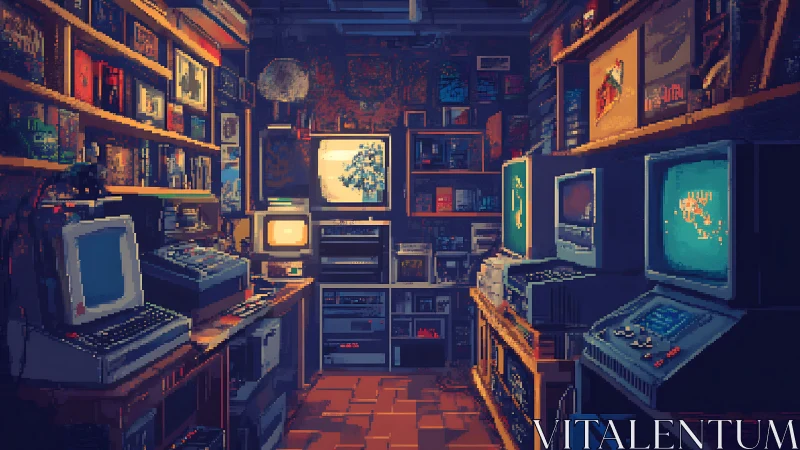 Retro computer lab glows with nostalgic neon and warm clutter