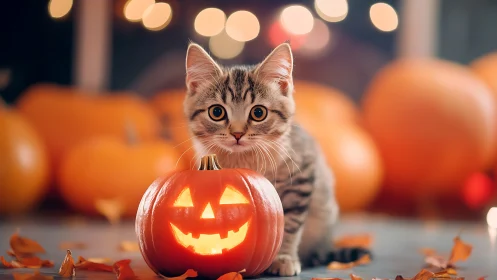 Curious Kitten Encounters a Glowing Jack-O-Lantern