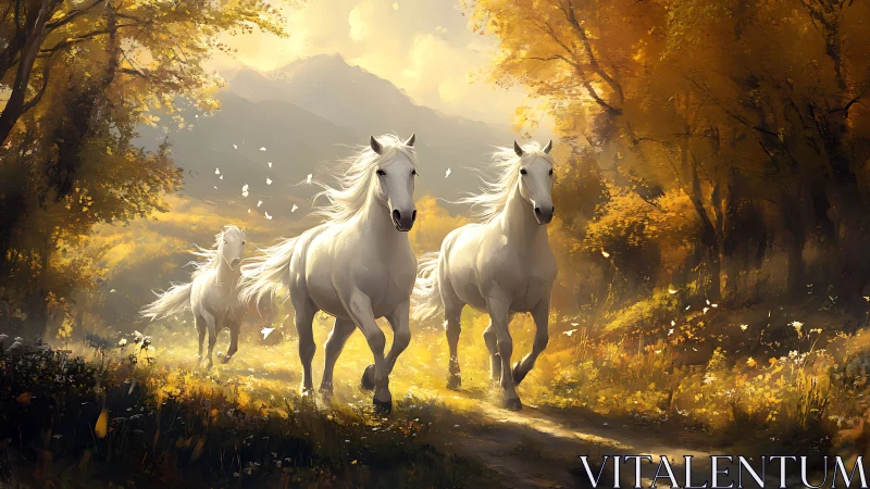 Wild white horses run through glowing autumn forest trail.