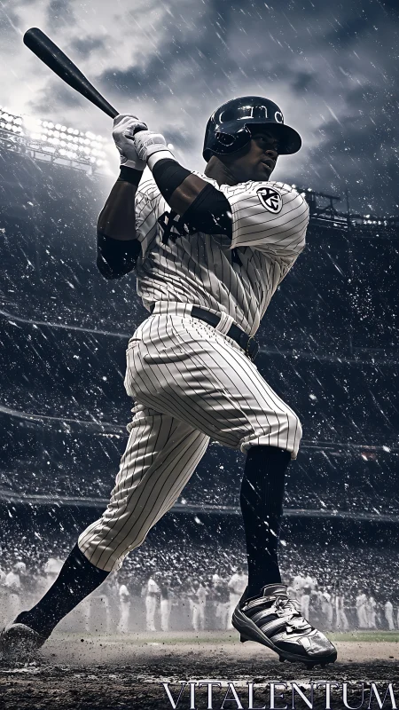 Right-handed baseball slugger swinging under stadium rain