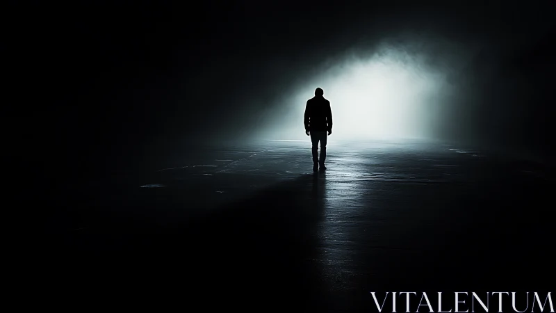 Silhouetted figure walking toward backlit tunnel aperture.