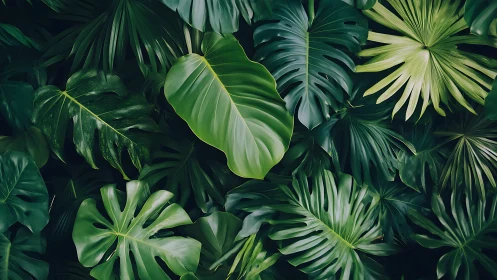 Lush tropical foliage with overlapping glossy green leaves.