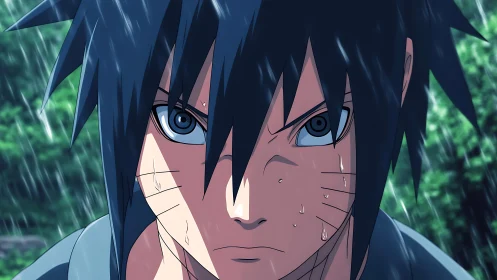 Anime boy stares forward in rain with intense expression