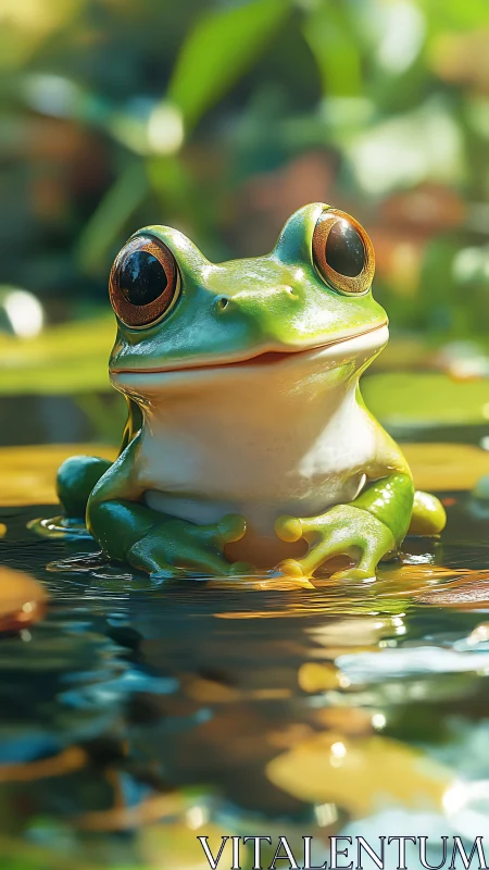 Wide eyed pond philosopher basking in liquid sunlight.