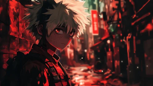 Brooding white haired youth in blood red alleyway glow.