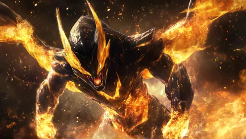 Armored infernal creature advances through dense surrounding fire