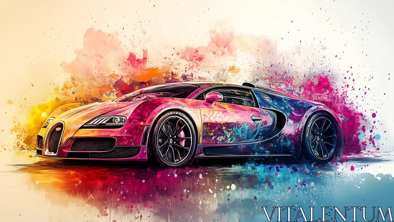 Digital sports car rendering integrates multicolor paint splashes